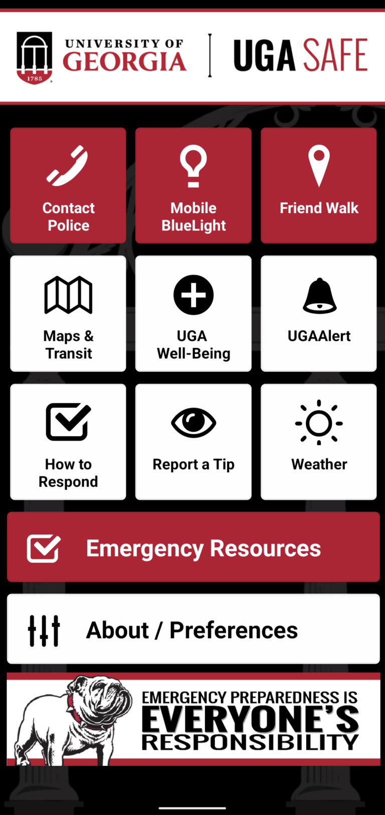 screen shot of UGA Safe app home page