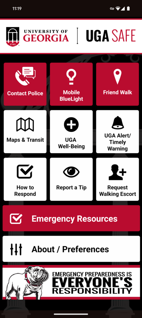 Screenshot of the main landing page for the UGA Safe app