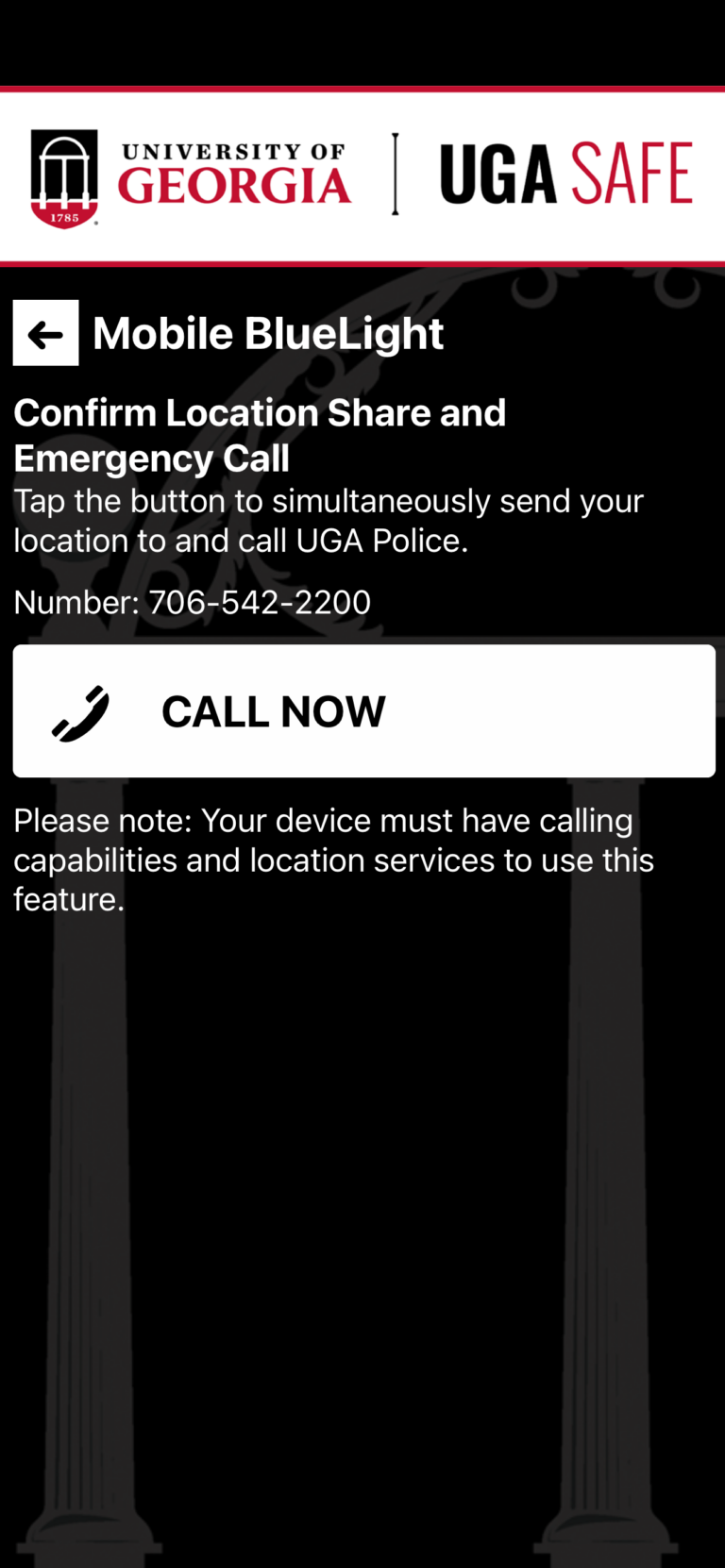 screen shot of UGA Safe app mobile blue light feature
