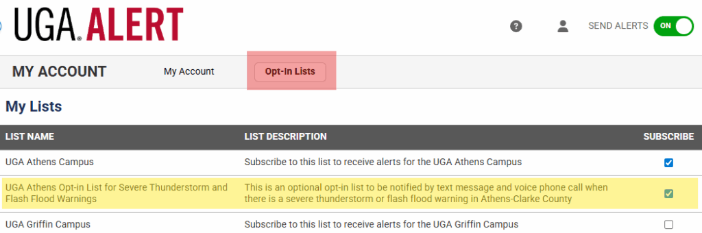 UGA ALERT webpage with three alert subscription options, two checked, one unchecked.