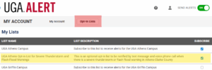 UGA ALERT webpage with three alert subscription options, two checked, one unchecked.